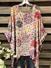 billige Kvinne Boho Topper-Dame Bluse Grafisk Geometrisk Elegant Bohem Årgang Kortermet Flaggermusermer Crew-hals Vanlige topper Daglig Ferie Strand Klær Trykt mønster Grønn Og Blå Gul Rosa Lysebrun Blå Sommer Vår