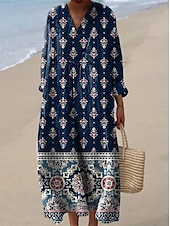 abordables Robe Boho-Femmes Robe maxi Robe d&#039;Été Robe trapèze Vacances Occasionnel Sortir Coupe Ample Fleuri Graphique Paisley manche longue Col en V Bleu Ciel Bleu marine Noir Orange Été Printemps Automne