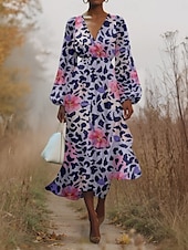 preiswerte Blumenkleid-Damen Midikleid Freizeitkleid Chiffon Schwingkleid Modern Urlaub Täglich Wochenende Normale Passform Blumen Leopard Langarm V Ausschnitt Purpur Dunkelviolett Grau Sommer Frühling Herbst