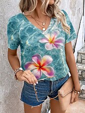 abordables T-shirt floral-Femmes T-shirt Fleuri Graphique Plantes ancien Élégant Occasionnel Manche Courte Col en V Hauts Réguliers Quotidien Imprimé Bleu Été Printemps