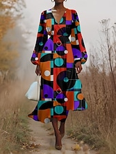 preiswerte Kunst &amp; Design Kleid-Damen Midikleid Freizeitkleid Chiffon Schwingkleid Modern Urlaub Täglich Wochenende Normale Passform Geometrisch Langarm V Ausschnitt Schwarz Blau Purpur Orange Sommer Frühling Herbst