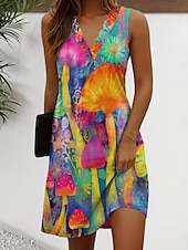 abordables Robes fleuries-Femmes Mini Robe Robe d&#039;Été Robe fourreau Vacances Occasionnel Quotidien Coupe régulière Fleuri Graphique Sans manches Col en V Jaune Rouge Bleu Vert Été Printemps