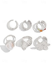 preiswerte Damenringe-6-teiliges Vintage-Goldring-Set für Damen mit Perlen-, Blumen- und Edelsteinakzenten – modische Statement-Legierungsringe für Partys und den Alltag