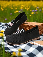preiswerte Damenhausschuhe und -halbschuhe-Barfußschuhe für Damen mit breiter Zehenpartie – Flyknit-Ballerinas mit Blumenstickerei für Picknicks, Gartenspaziergänge und Sommerausflüge