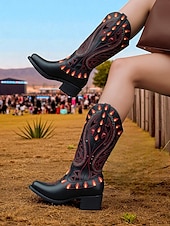 baratos Para mulheres-Botas de cowboy femininas bordadas com chamas pretas - botas retrô de festival até o joelho com salto baixo para festivais de música, fantasias de Halloween e cosplay