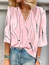voordelige Dames Strepen &amp; Geometrische Tops-Dames Blouse Grafisch Stip Abstract Elegant Vintage Stijlvol 3/4 mouw V-hals Normale tops Dagelijks Uitgaan Afdrukken Wit Lichtgroen Blozend Roze Licht Blauw Zomer Lente Herfst