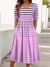 preiswerte Streifen- und geometrisches Kleid-Damen Midikleid Sommerkleid Faltenkleid Urlaub Lässig Ferien Normale Passform Grafik Geometrisch Gestreift Halbarm Rundhalsausschnitt Rosa Blau Purpur Sommer Frühling