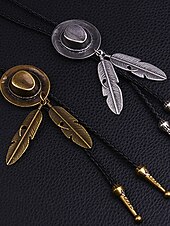 abordables Cravates et nœuds papillon pour hommes-Collier en cuir avec pendentif en forme de plume et chapeau de cowboy western pour homme, idéal pour un rodéo, une soirée champêtre ou une tenue en jean.