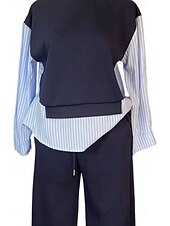 abordables Ensembles chemisiers pour femmes-Femmes Élégant ancien Quotidien Ensembles de Pantalons manche longue Col rond Rayé Patchwork Vacances Travail Occasionnel Bleu Printemps Coupe Ample