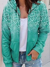 billiga Randiga och geometriska toppar-Kvinnors dragkedja hoodie grafisk geometrisk paisley mode avslappnad lång ärm huva vanlig toppar gata dagliga kläder ficka tryck röd blå lila grön vår höst