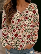 preiswerte Boho Tops-Damen Bluse Blumen Stilvoll Modern Langarm V Ausschnitt Normale Oberteile Täglich Ferien Druck Weiß Rote Blau Braun Sommer Frühling Herbst