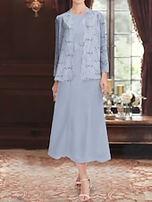 tanie Z kurtką-cekinowa koronkowa dwuczęściowa sukienka dla matki panny młodej elegancka prosta luksusowa szyfonowa łódkowata z dekoltem midi długość bez rękawów z długim rękawem żakiet 2025