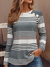 ieftine Tricou cu dungi și geometric-Pentru femei Tunică Tricou Grafic Geometric Dungi Epocă Stilat Clasic Manșon Lung Stil Nautic Rotund Topuri obișnuite Zilnic Ieșire Sfârșit de săptămână Nasturi Imprimeu Roșu-aprins Albastru piscin