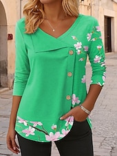 abordables T-shirt floral-Femmes Chemisier Fleuri Graphique ancien Tropical Élégant manche longue Col en V Hauts Réguliers Quotidien Patchwork Boutons Imprimé Rose Claire Bleu Violet Vert Printemps Automne Hiver