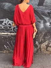 abordables Trajes de blusa para mujer-Mujer Activo Moda Blusa Conjuntos de pantalones Media Manga Escote en Pico Color sólido muslo partido Espalda al Aire Festivos Noche Negro Blanco Verde Claro Otoño Ajuste regular