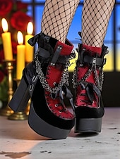 baratos Para mulheres-Botas femininas góticas plataforma – saltos de veludo com cadarço, correntes e fivelas para festas de Halloween, cosplay e punk