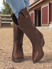 abordables Cowboy et bottes occidentales-Bottes de cowboy style western pour femmes – bottes mi-mollet en similicuir marron pour les festivals d&#039;automne, les citrouilles et les tenues champêtres