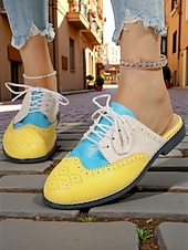 abordables Women's Clogs &amp; Mules-Women's 1950s Vintage Colorblock Wingtip Mule Oxford Shoes - Yellow Blue Slip-On Lace-Up Flats for Casual Street Style, Outings and Weekend Travel