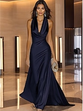 abordables Champagne-Robe de soirée dorée élégante, robe de mariée formelle, traîne à balayage / pinceau, sans manches, col bénitier, satin avec fronces 2025