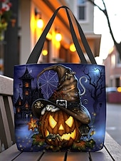 abordables Sacs-Sac fourre-tout pour femme imprimé citrouille et chat d&#039;Halloween par Sarah Richter – grand sac à bandoulière réutilisable en polyester avec poche zippée pour les achats et les fêtes de fin d&#039;année