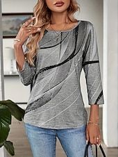 baratos Camiseta de Arte &amp; Design-Mulheres T-shirt Geométrica Abstrato Casual Boho Manga Longa Decote Redondo Tops regulares Para Noite Final de semana Roupas de férias Azul Dourado Cinzento Primavera / Outono / Inverno / Verão