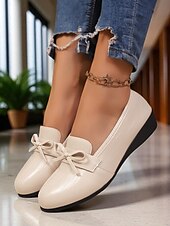 preiswerte Damenhausschuhe und -halbschuhe-Cremefarbene Loafer aus Kunstleder für Damen – bequeme Slipper mit Schleife und Keilabsatz, lässig-elegante Schuhe fürs Büro, zum Einkaufen und für den Alltag