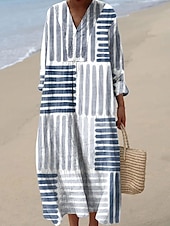 preiswerte Streifen- und geometrische Kleider-Damen Midikleid Freizeitkleid Sommerkleid A Linie Kleid Urlaub Lässig Boho Party Strand Lässiger Schnitt Grafik Geometrisch Langarm V Ausschnitt Schwarz Gelb Rosa Rote Sommer Frühling Herbst