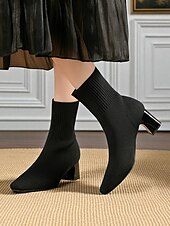 preiswerte Stiefeletten-Marineblaue Strick-Sockenstiefel für Damen – spitze Stretch-Stiefeletten mit Blockabsatz für elegante Alltags- und Herbstoutfits