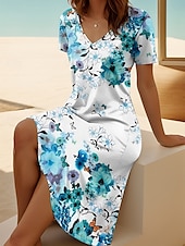 preiswerte Blumenkleid-Damen Midikleid T-Shirt-Kleid Sommerkleid A Linie Kleid Urlaub Lässig Ausgehen Strand Normale Passform Blumen Grafik Kurzarm V Ausschnitt Gelb Blau Himmelblau Sommer Frühling