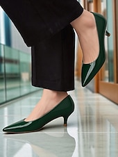 levne Kočičí podpatky-Dámské tmavě zelené lakované kožené špičaté kotníkové podpatky - klasické elegantní kancelářské lodičky z 50. let, ideální do práce, na pohovory a formální akce.