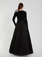 ieftine negru-Rochie de seară elegantă, cu imprimeu A-line, din catifea, crep elastic, cu cravată neagră, rochie formală de mireasă, lungime până la podea, mânecă lungă, decolteu rotund, cu imprimeu floral și