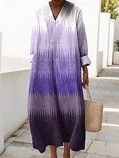 abordables Robes Rayés et Géométriques-Femmes Robe Midi Robe d&#039;Été Robe trapèze Occasionnel Quotidien Coupe Ample Graphique Géométrique manche longue Col en V Bleu Violet Marron Vert Été Printemps Automne