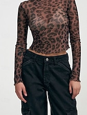 voordelige Bloemen tops-Dames T-shirt Luipaard Modieus Modern Lange mouw Strakke ronde hals Normale tops Dagelijks Netstof Kastanjebruin Licht Bruin Bruin Zomer