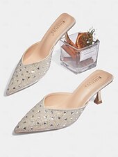 baratos cocktail-mules femininas de bico fino com strass prateados - sapatos elegantes de salto médio sem cadarço para coquetéis e eventos noturnos