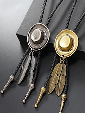 abordables Cravates et nœuds papillon pour hommes-Collier en cuir avec pendentif en forme de plume et chapeau de cowboy western pour homme, idéal pour un rodéo, une soirée champêtre ou une tenue en jean.