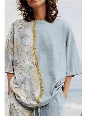 preiswerte Sets-Damen Hosen-Sets Dreiviertelarm Rundhalsausschnitt Blumen Druck Aktiv Mode Täglich Urlaub Ferien Blau Sommer Normale Passform