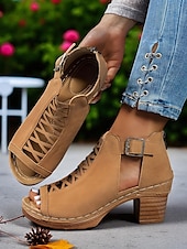 olcso Block Heels-női peep toe kivágott tömbsarkú bokacsizma hátsó cipzárral – stílusos nyári vastag sarkú cipő randevúkra, kerti partikra és szabadtéri rendezvényekre