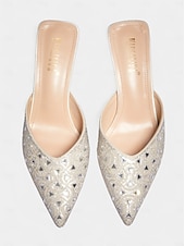 baratos cocktail-mules femininas de bico fino com strass prateados - sapatos elegantes de salto médio sem cadarço para coquetéis e eventos noturnos