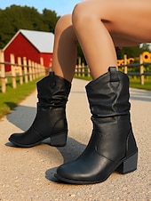 levne Slouch Boots-Dámské hnědé volné kozačky do půli lýtek s úzkým podpatkem – boty z umělé kůže ve vintage westernovém stylu na venkovské outfity, návštěvy farem a podzimní festivaly
