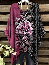 levne Květinové topy-Dámské Halenka Květinový Grafika Elegantní Vinobraní Denní Poloviční rukáv Netopýří rukávy Tričkový Běžné topy Denní Dovolená Oblečení na dovolenou Černá Světlá růžová Rubínově červená Fialová Léto