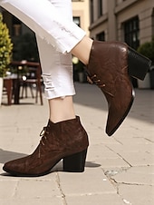 baratos Botas de tornozelo-Botas femininas retrô de cano curto com cadarço e bico fino - botas curtas de salto bloco em couro sintético para o outono, estilo urbano &amp;roupas do dia a dia
