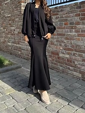 abordables Ensembles chemisiers pour femmes-Femmes Robe Ensemble Robe d&#039;été Robe Midi Occasionnel Uni Fermeture éclair Robe maxi manche longue Col en V Extérieur Date Noir Vin Café Été Coupe Ample