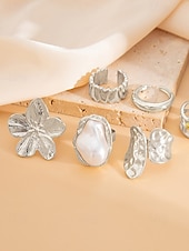 preiswerte Damenringe-6-teiliges Vintage-Goldring-Set für Damen mit Perlen-, Blumen- und Edelsteinakzenten – modische Statement-Legierungsringe für Partys und den Alltag