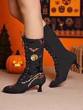 levne Pro ženy-Dámské gotické halloweenské vyšívané šněrovací boty - vintage styl černého kostýmu čarodějnice z roku 1900, podpatky do půli lýtek pro cosplay, večírky a tematické akce