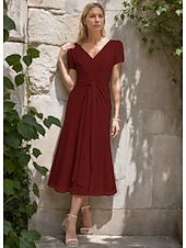 cheap Tea Length-A-Line Mother of the Bride Dress Formal Wedding Guest Elegant Simple Minimalist V Neck Tea Length Chiffon Short Sleeve with Pleats Ruched