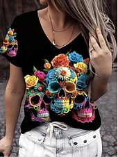 abordables Hauts d&amp;#39;Halloween-Halloween Femmes T-shirt Graphique Crâne ancien Élégant Classique Manche Courte Col en V Hauts Réguliers Quotidien Imprimé Noir Arc-en-ciel Été Printemps