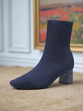 preiswerte Stiefeletten-Marineblaue Strick-Sockenstiefel für Damen – spitze Stretch-Stiefeletten mit Blockabsatz für elegante Alltags- und Herbstoutfits