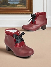 abordables Années 1950-Bottines bordeaux d&#039;inspiration victorienne des années 1900 pour femmes – bottines à talons à lacets en similicuir avec nœud en ruban pour un usage quotidien et des tenues vintage