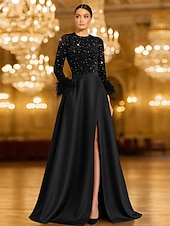 levne Šaty na večer ve tvaru A-Šaty ve tvaru A večerní gown flitrové Elegantní šaty formální svatební maxi délka dlouhý rukáv kulatý výstřih kapsa satén s péřovými kapsami