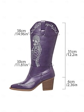 abordables Para mujeres-Botas vaqueras azules occidentales para mujer con bordado de esqueleto rosa: botas de media pantorrilla con tacón grueso para disfraz gótico de Halloween, ideal para cosplay, conciertos y festivales